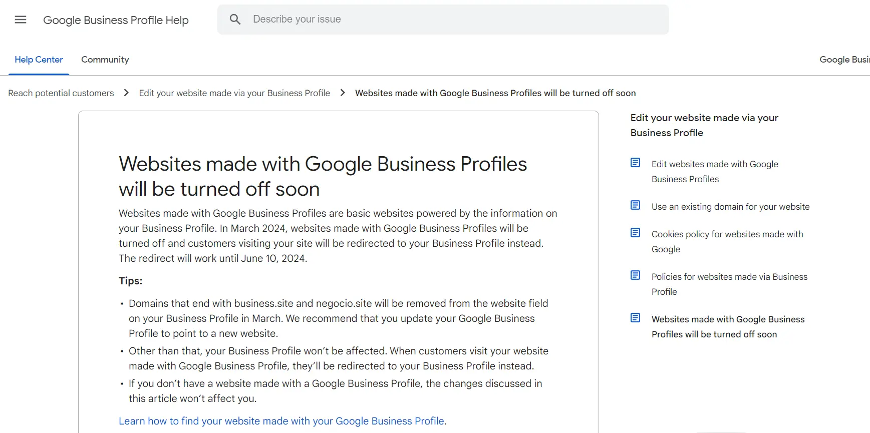 Is Google closing Business Profile sites?